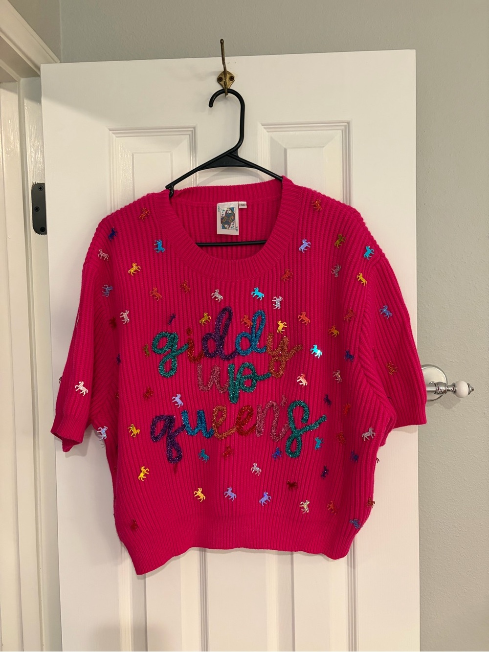 Queen of Sparkles Giddy Up Queens Sequin Horse Sweater Pink Short Sleeve M